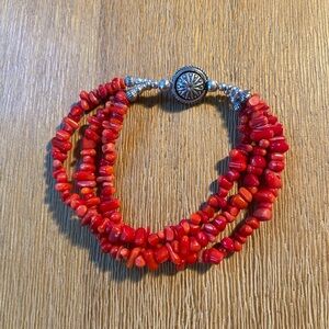 American West Red Coral Beaded Bracelet Magnetic Closure